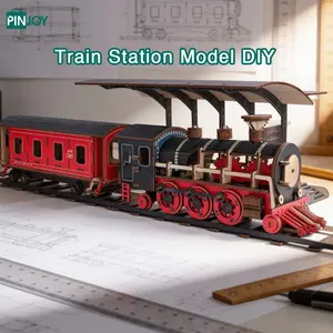 Train Station Model DIY Kit, Bookshelf Decor 3D Wooden Puzzle, Adult and Teen Stress Relief Craft Project, Non-Disposable, Made in China