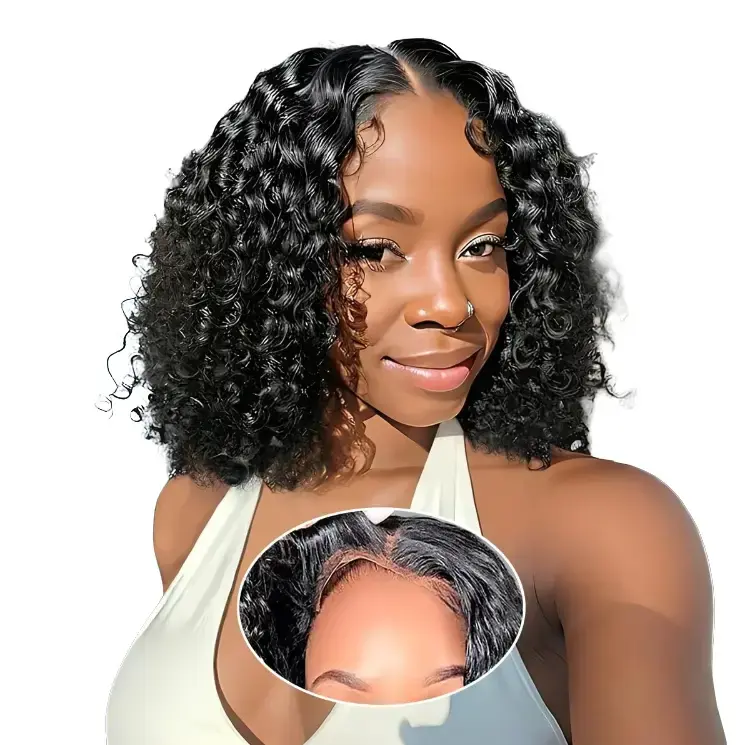 Women's Glueless 4x4 HD Lace Closure Wig  180 Density Deep Wave Short Human Hair Wet Bob Pre-Plucked for Natural Look Anti-Tangle Ready-to-Wear Human Hair Lace Closure Wig Glueless Wigs Kinky Curly Wig