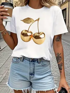 Cherry Graphic White T-Shirt with Gold Print for Casual Wear Check Clothes