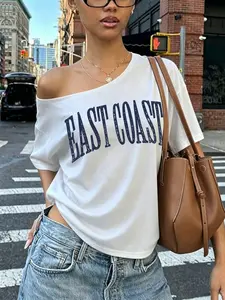 Ladies' off shoulder top - letter printed loose Fit basic versatile chic Streetwear T-shirt, creating Y2K street style, suitable for everyday casual and minimalist summer wear