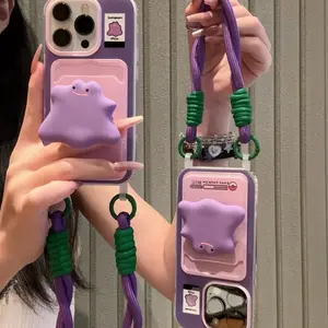 Purple Monster Stand Card Holder Phone Case Compatible with Apple 16 Pro Max with Hand Strap iPhone 15 Protective Cover