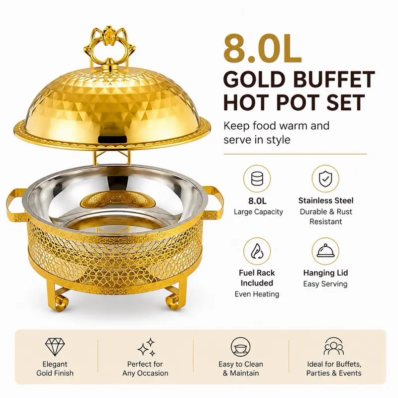 8L Gold Stainless Steel Chafing Dish Buffet Cookware Set with Hanging Lid, Fuel Holder for Catering, Weddings