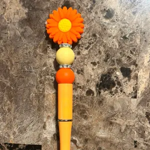Beaded Pen with Orange Flower Focal Bead - Yellow and Orange Design