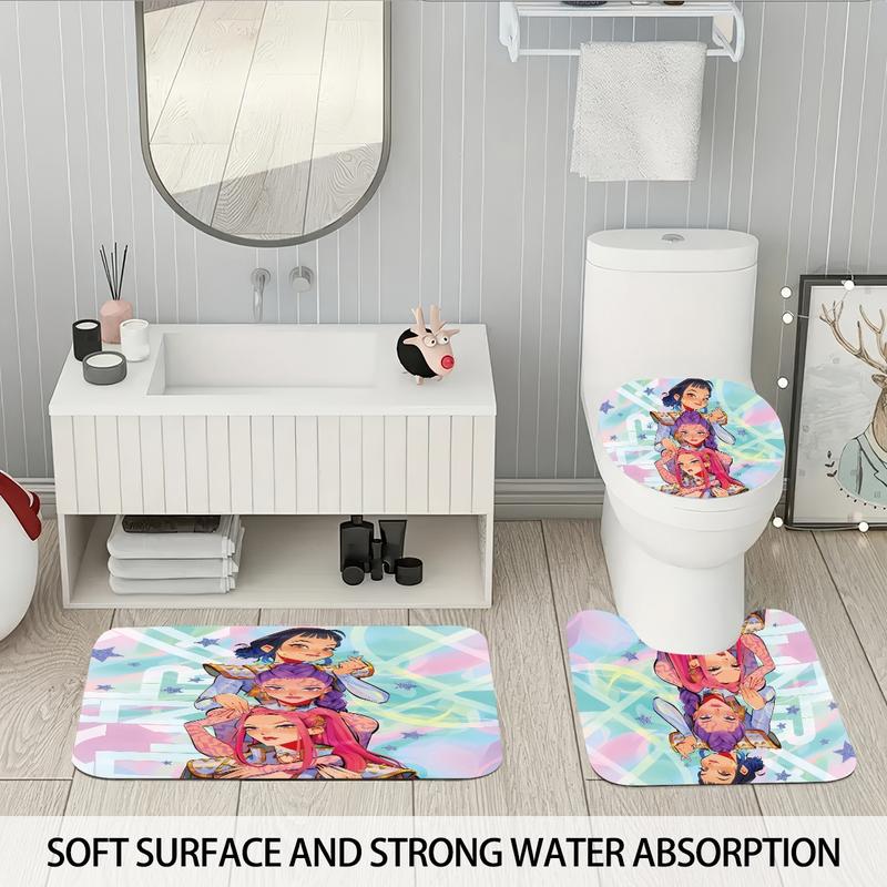 4pcs K-POP Demon Hunters Bathroom Set, Shower Curtain with Hooks, Non-Slip Bath Rug, U-Shaped Toilet Mat, Toilet Lid Cover, Bathroom Shower Equipment, Bathroom Decoration Accessories