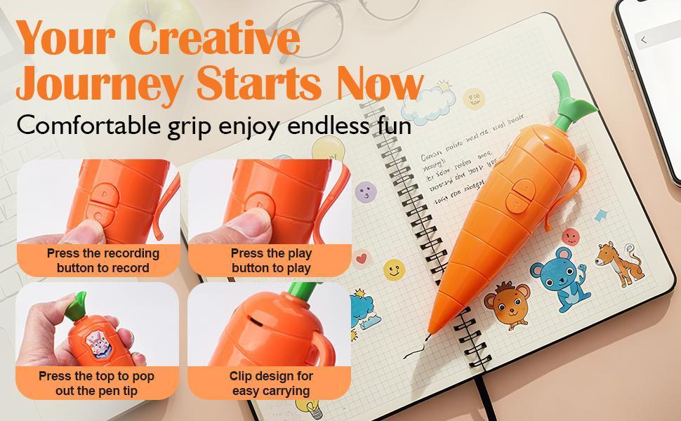 2pcs 60-Second Voice Recorder with Playback & Audio Recorder Pen - Cute Carrot-Shaped Recorder Device, Smooth-Writing Ballpoint Pen - Fun & Creative Gift for Kids, Students, Teachers