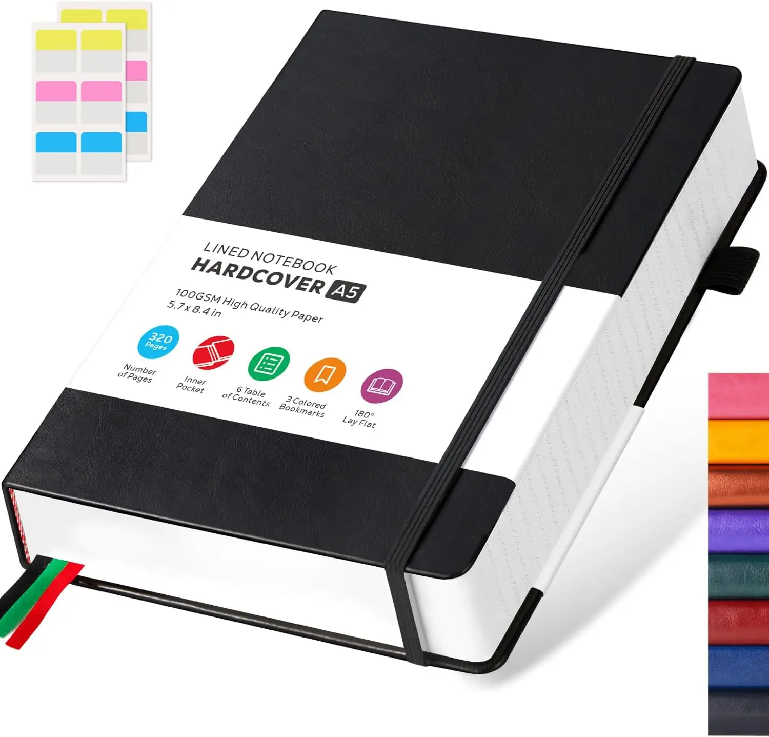 Faux Leather Lay-Flat A5 Hardcover College Rule Notebook, 320 Pages, 100GSM Thick Paper, for Office Writing & Journaling