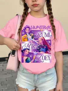 Girls' Round Neck Short Sleeve T-Shirt, Graphic Printed Tee, K-Pop Girl Group Cartoon Pattern, Trendy Look, Soft Comfortable Knit Fabric, Summer Vacation Outdoor Activities, Ideal For Outdoors