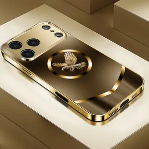 Creative High-End Business Eagle Pattern Electroplated Gold New Phone Case for iPhone 17/17 Pro/17 Air/17 Pro Max/16/16 Pro/16 Plus/16 Pro Max/15/15 Pro/15 Pro Max/14/14 Pro/14 Plus/14 Pro Max/13/13 Pro/13 Pro Max/13/12/17/XR/XS/X Tempered Glass, Hallowee