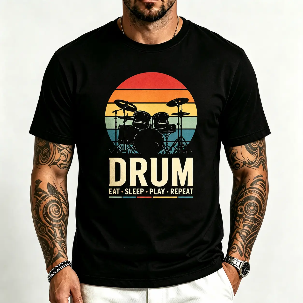 Men's Vintage Drum Set Graphic T-Shirt, 100% Cotton Retro Music Tee with Round Neck, Stylish Shortsleeve Top for Drummers & Concerts campingessentials