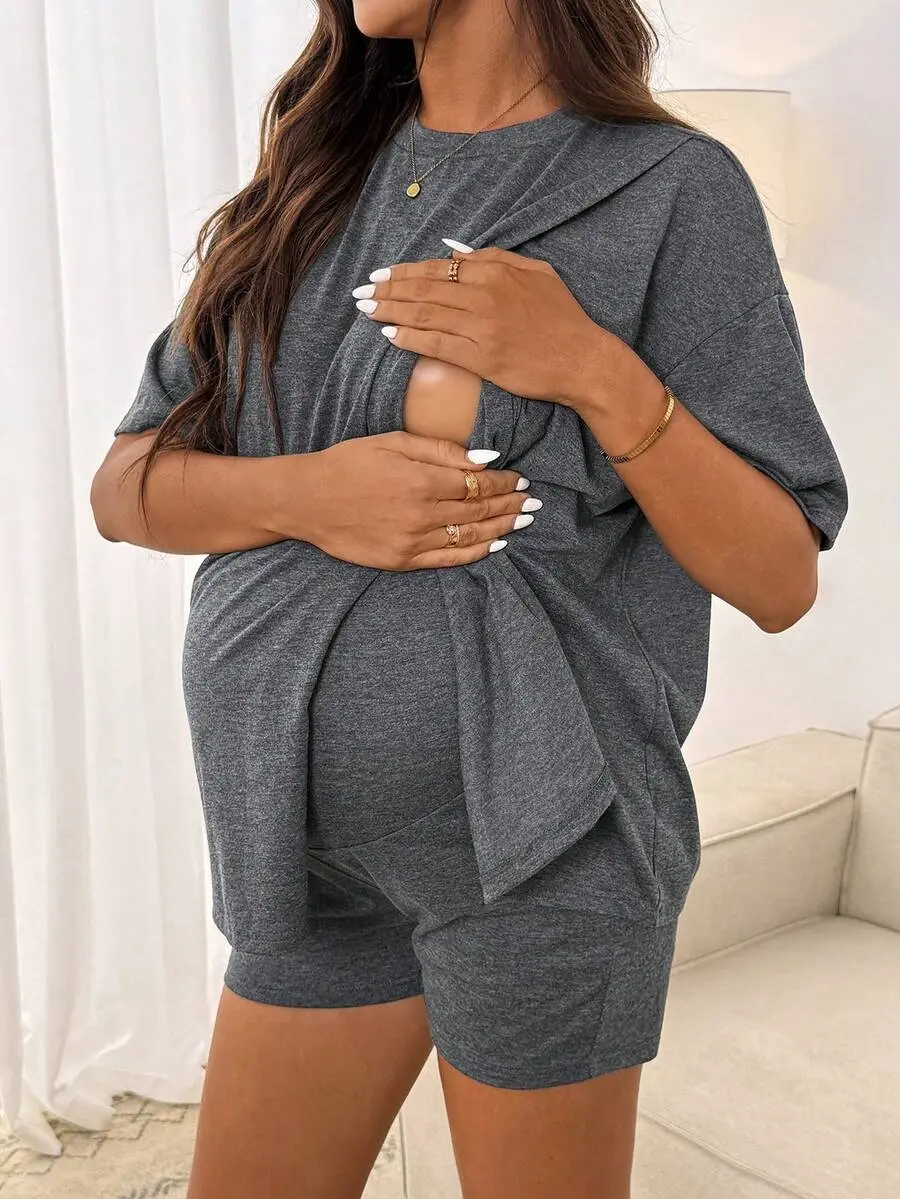 Maternity Solid Color Round Neck Short Sleeve T-Shirt And Shorts 2-Piece Set,Grey Summer Casual Sleepwear Loungewear For Photoshoot Underwear Pajama