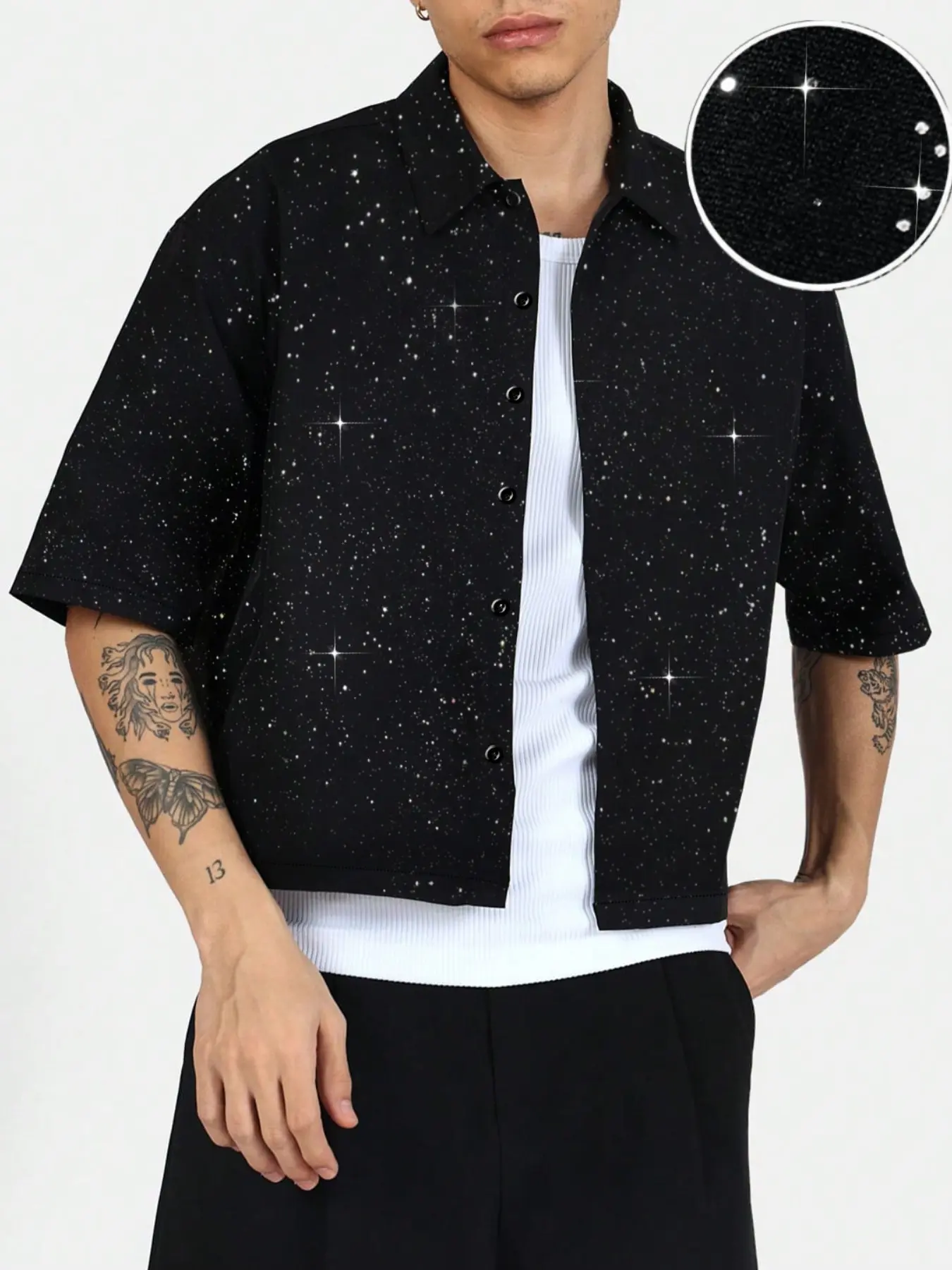 Men's Short Sleeve Loose Shirt, Menswear Silver Color Fabric Button Front Design, Casual Street Style, Fitted Fit, Trendy Fashion for Outdoor Activities