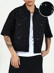 Men's Short Sleeve Loose Shirt, Silver Color Fabric Design, Casual Street Style, Fitted Fit, Trendy Fashion for Outdoor Activities