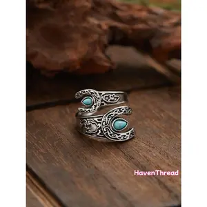 HavenThread Women's Boho Turquoise Decor Open Cuff Ring - Vintage, Adjustable Fit, Durable Zinc Alloy Fashion Jewelry, Ideal Gift for Her, Party & Daily Use