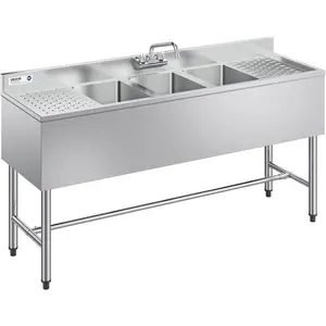 VEVOR 3 Compartment Sink, 18-Gauge 304 Stainless Steel, 10x 14x 10 Bowl Size, 3 Bay Commercial Under Bar Sink with Backsplash and Efficient Drainage for Kitchen, Restaurant, Food Truck Home UseVEVOR Super Brand Day