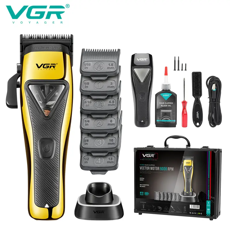 VGR 015 Professional Men's Hair Clipper Set - Rechargeable Cordless Barber Equipment with 9000 RPM Vector Motor, DLC Coating Blade, USB Port Cleansing, Charging Dock, 120 Minutes Runtime, Cells, Travel Case, Father’s Day/Birthdays Gift