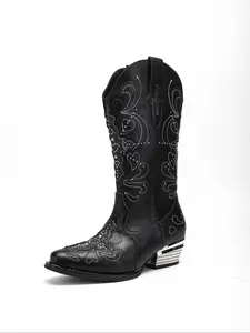 Western Style Mid-Calf Boots with Studs Design, Embroidered Silver Color Thick Heel Slip-On, PU Leather Upper, Fall & Winter Fashion
