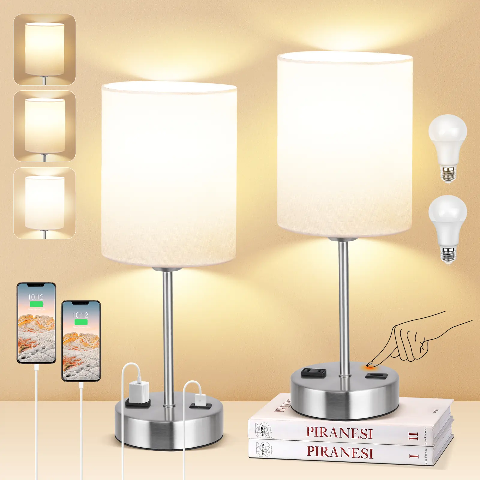 Set of 2 Touch Control Table Lamps with 2 USB Charging Ports, 3-Way Dimmable Bedside Lamps with White Fabric Shades, Modern Nightstand Lamps for Bedroom, Living Room, Office (Including LED Bulbs)