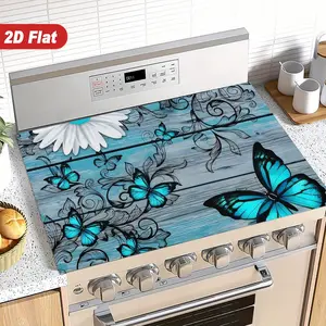Wooden pattern, blue butterfly, floral pattern rubber stove protective cover - heat-resistant, non slip, absorbent, easy to clean, oven mat, refrigerator mat, kitchen stove cover, suitable for surface protection of ovens, washing machines and appliances