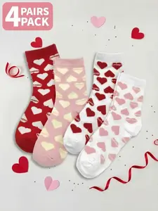 4 Pairs of Sweet & Cool Heart-Print Knee-High Fitted Casual Socks Pink & Red Contrasting Heart-Shaped Letter Patterns Reinforced Toe for Durability Anti-Friction Foot Protection Sweet Girl Style Perfect for Valentine's Day Outfits All-Season Wear