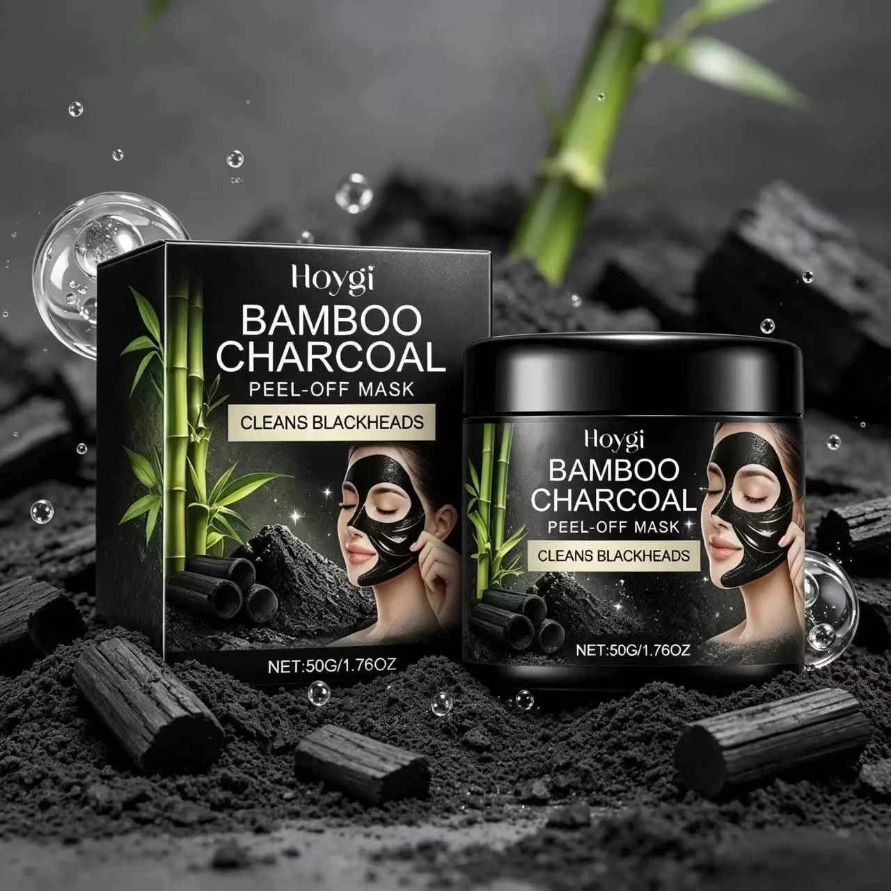 Hoygi Bamboo Charcoal Exfoliating Face Mask, 50 g – deep cleansing, deep pore detox, hydration & moisture replenishment, contains aloe vera extract, suitable for all skin types, natural beauty mask, blackhead removal face mask, facial care mask