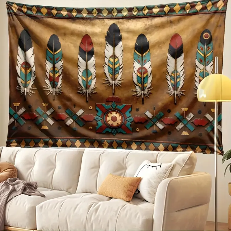 Large Synthetic All-Seasons Native American Style Feather Tribal Pattern Wall Hanging Tapestry - Home Supplies, Outdoor/Indoor Polyester Decor, Anime-Themed Accent, Party Banner/Photo Background, No Power Required Bedroom Wall Art