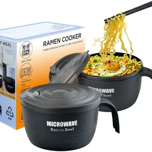 2 Sets Microwave Ramen Cooker Bowl 45 oz  Noodle Bowl with Handles Ramen Noodle Cooker with Spoon Chopsticks Fork  College Dorm Room Essentials for Boys Girls (Black, Black)