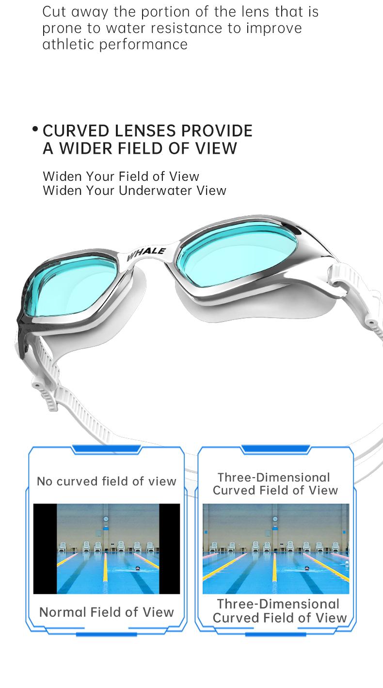 WHALE Adult Swimming Goggles, Polycarbonate Anti-Fog Lenses, Water-Film Coating, Wide View, Soft Silicone Seal, Adjustable Nose Bridges, Adjustable Fit Goggles for Swimming