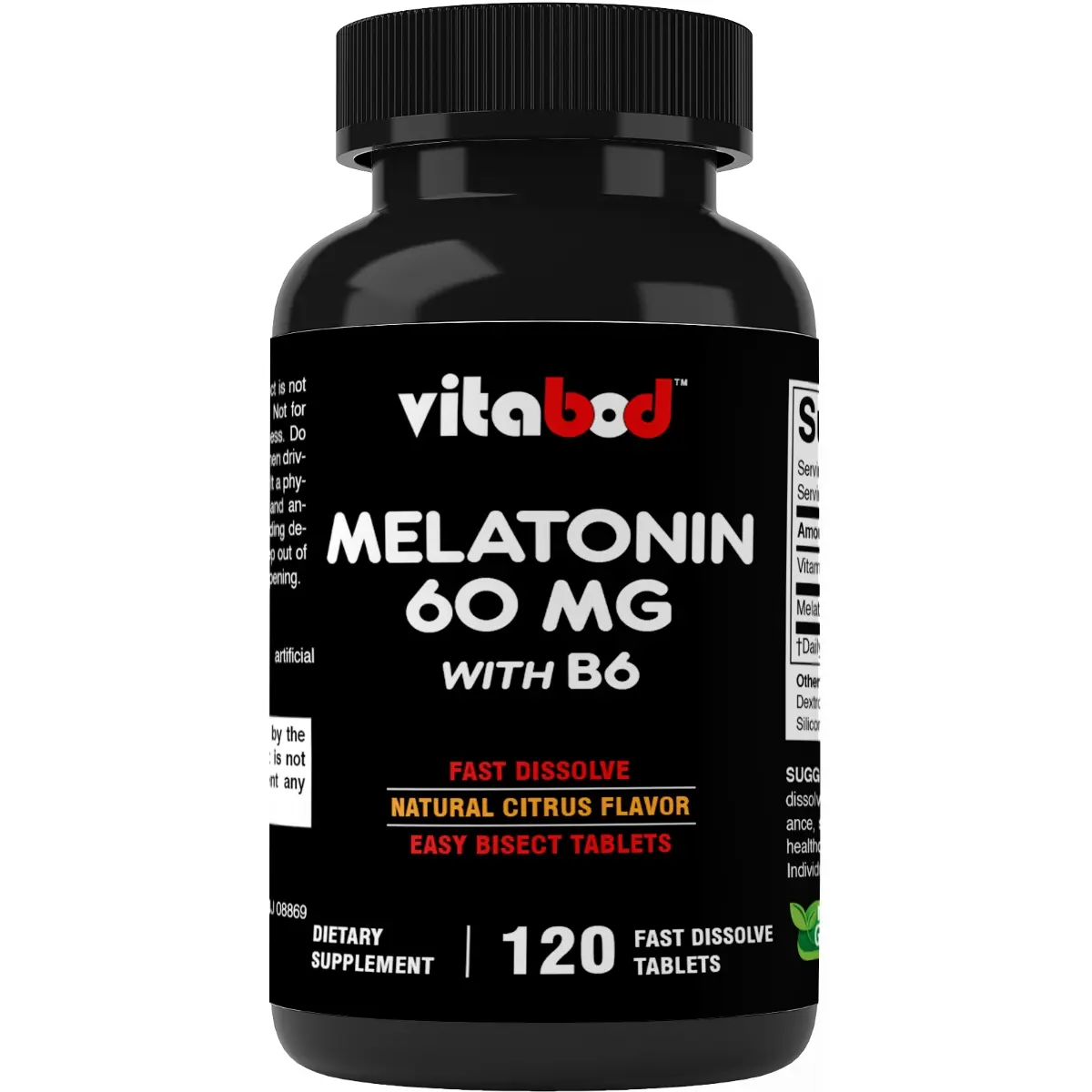 Vitabod Melatonin 60mg with Vitamin B6 Sleep Aid for Adults - 120 Fast Dissolve Tablets, Extra-Strength, Drug-Free, Natural Citrus Flavor, Vegetarian, Non-GMO, Gluten-Free, Yes, Fast-Acting, Natural Ingredients