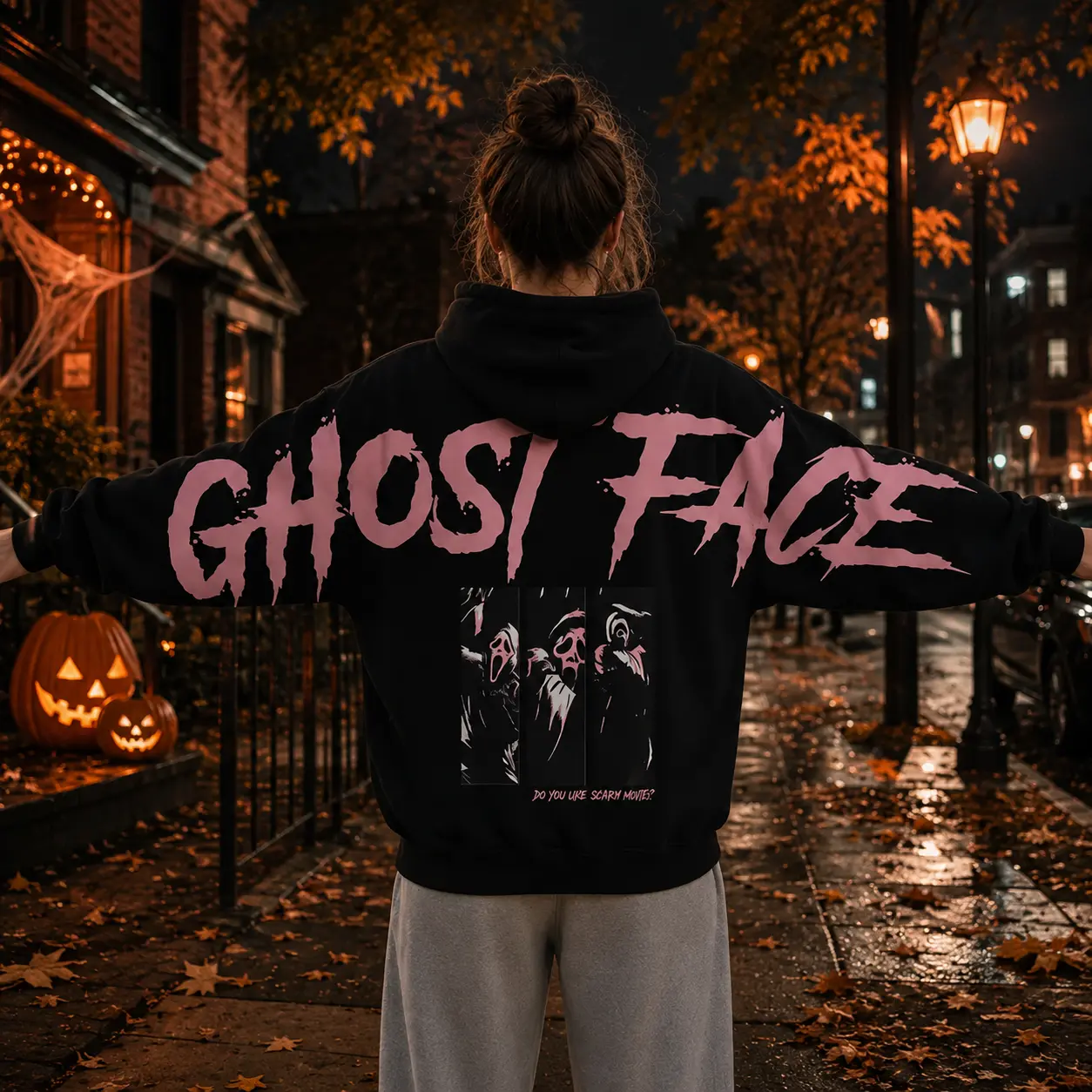 Men's Ghostface Graphic Hoodie - Pink Gothic Aesthetic Oversized Pullover, Scary Movie Halloween Streetwear, Casual Gothic Statement Vintage Slasher Horror Top