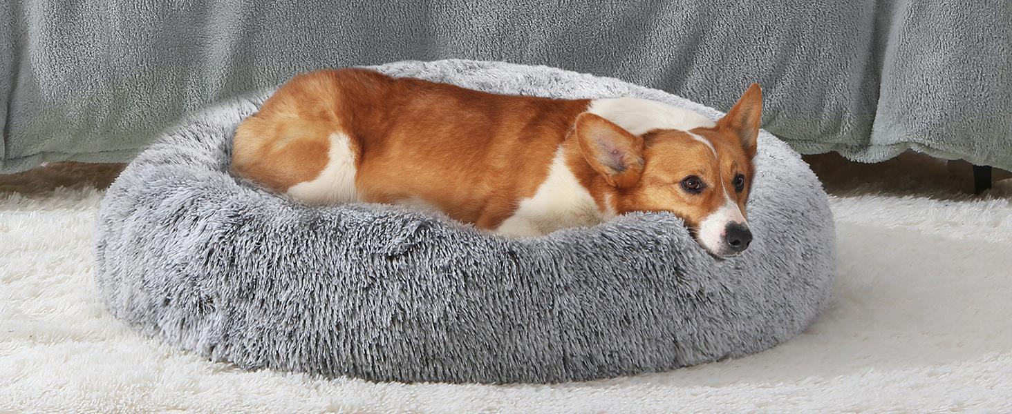 JOLLYVOGUE Small Dog Bed, Calming Soft Anti-Anxiety Donut Cat Bed, Washable Round Fluffy Cushion for Small and Medium Pets (20")