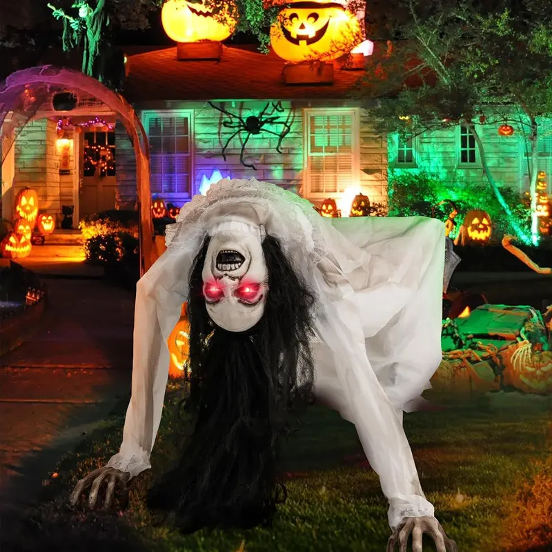 COSTWAY Halloween Animatronics, Sound & Button Activated, with Pre-Recorded Phrases, LED Glowing Red Eyes, Posable Head & Arms, Life Size Scary Decor, Ghost/Angel/Reaper/Witch/Greeter/Skeleton, Outdoor Yard Porch Decorations