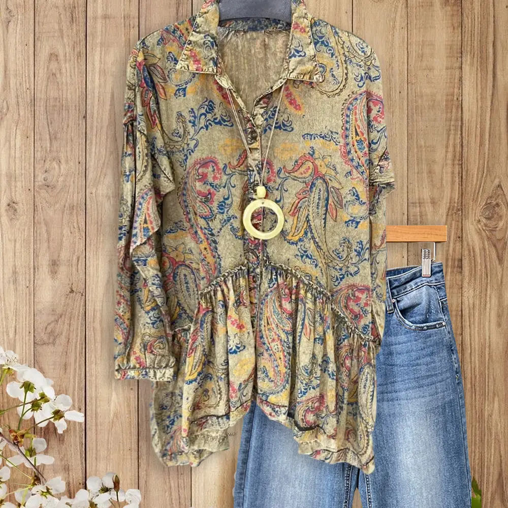 SageVell Paisley Bohemia Button - Down Blouse: Lapel Collar, Flared Bell Sleeves & Ruffled Peplum Hem Spring Blouse Cotton Fabric cute fall outfits women's clothes women's Spring clothing Shirts Top