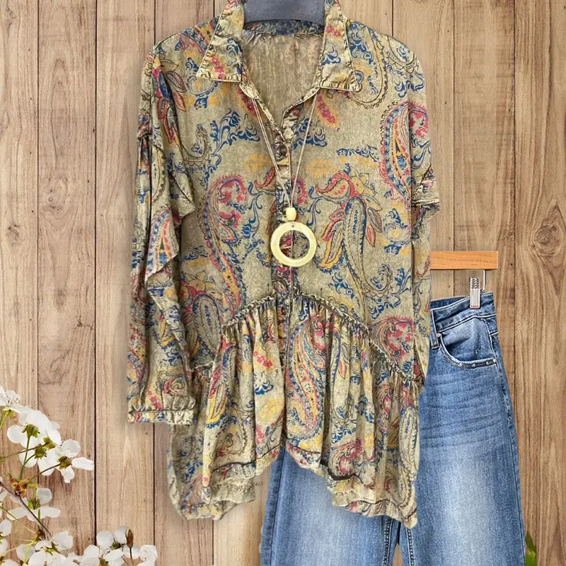 Women's SageVell Paisley Print Bohemian Button-Down Blouse - Lapel Collar, Flared Bell Sleeves, Ruffled Peplum Hem, Cotton Fabric, Casual Chic Hippie Style Top