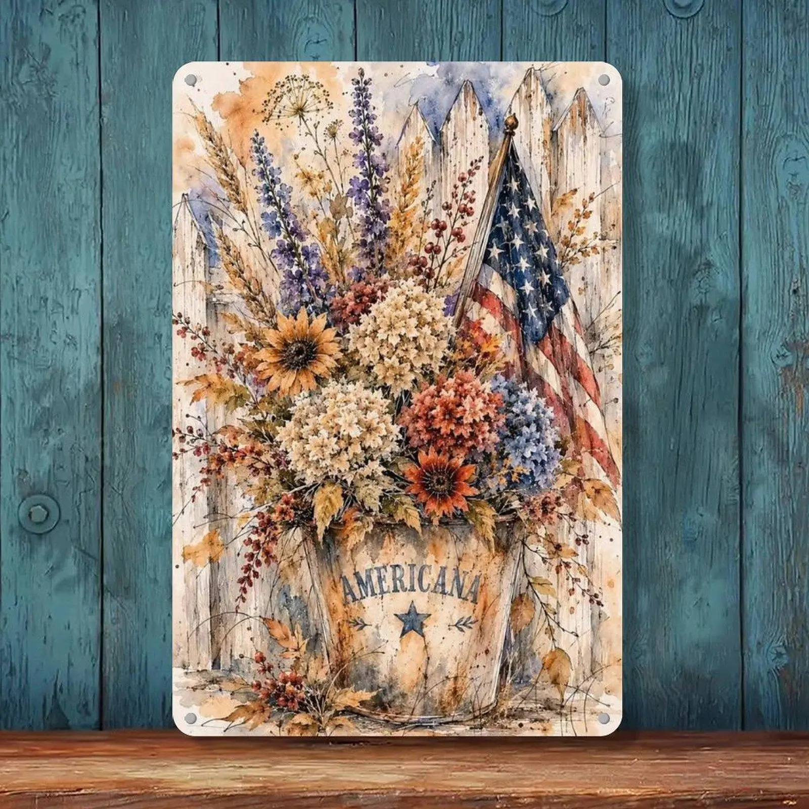 Vintage Watercolor Americana Floral Bucket & American Flag Picket Fence Metal Tin Sign, 8x12in Patriotic Farmhouse Wall Decor, Retro Gifts for Room Decor & Collectibles, Us Pride / Nation Pride