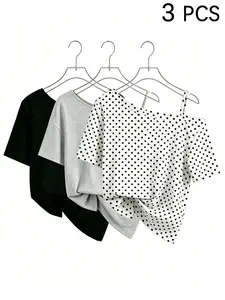 3-Pack Casual Chic Tees Top for Summer, Solid, Polka Dot Off-Shoulder, Asymmetrical Neckline, Loose Fit, All Seasons