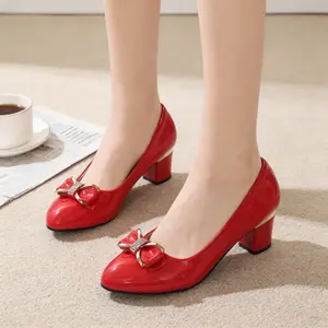 Ladies' sweet and vibrant block heel pumps. Bow and glossy design for eye-catching look, comfy block heel for all-day wear. Snug fit shape. A must-have to elevate elegance, perfect for dates, parties and festivals with full vibes