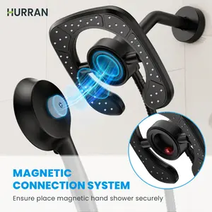 Hurran High Pressure 7.2" 2-in-1 Rainfall & Handheld Shower Head with Magnetic Dock offers 10 settings for a customized shower experience. Features a 59" stainless steel hose for flexibility,durability,and a magnetic dock for easy storage and quick access