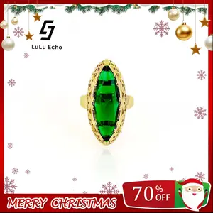 LuLuEcho 14K Gold Plated  Vintage Ethnic Emerald Gemstone Ring Jewelry Trend Daily Unique Holloween Emerald Women Rings
