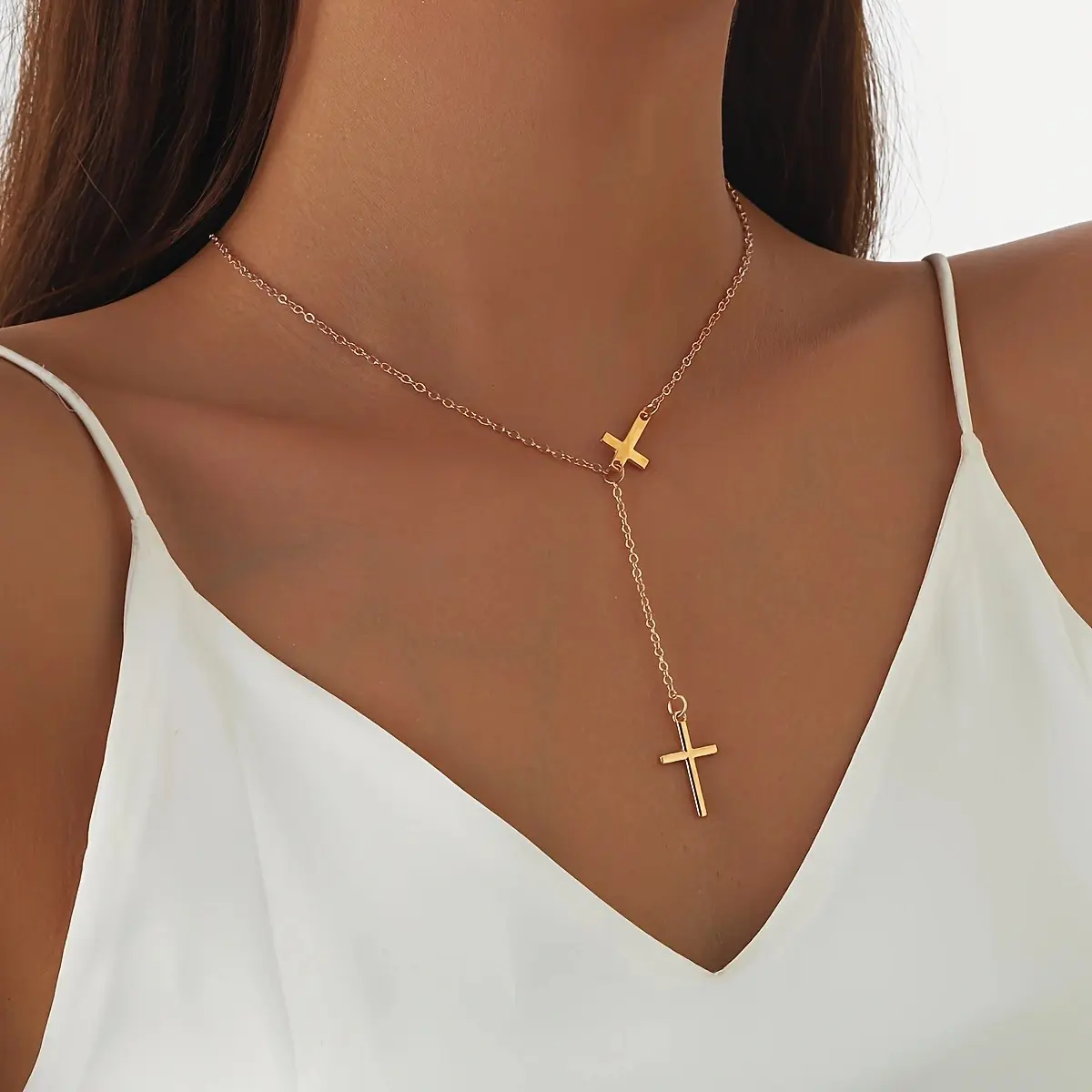QUEENDO Unisex Double Cross Lariat Y-Shape Casual Copper Long Chain Jewelry Necklace - Polished Minimalist Cross Pendants, Gold-Tone Metal Coating, Affordable Faith-Inspired Layerable Costume Jewelry for Daily Wear, Party Gift