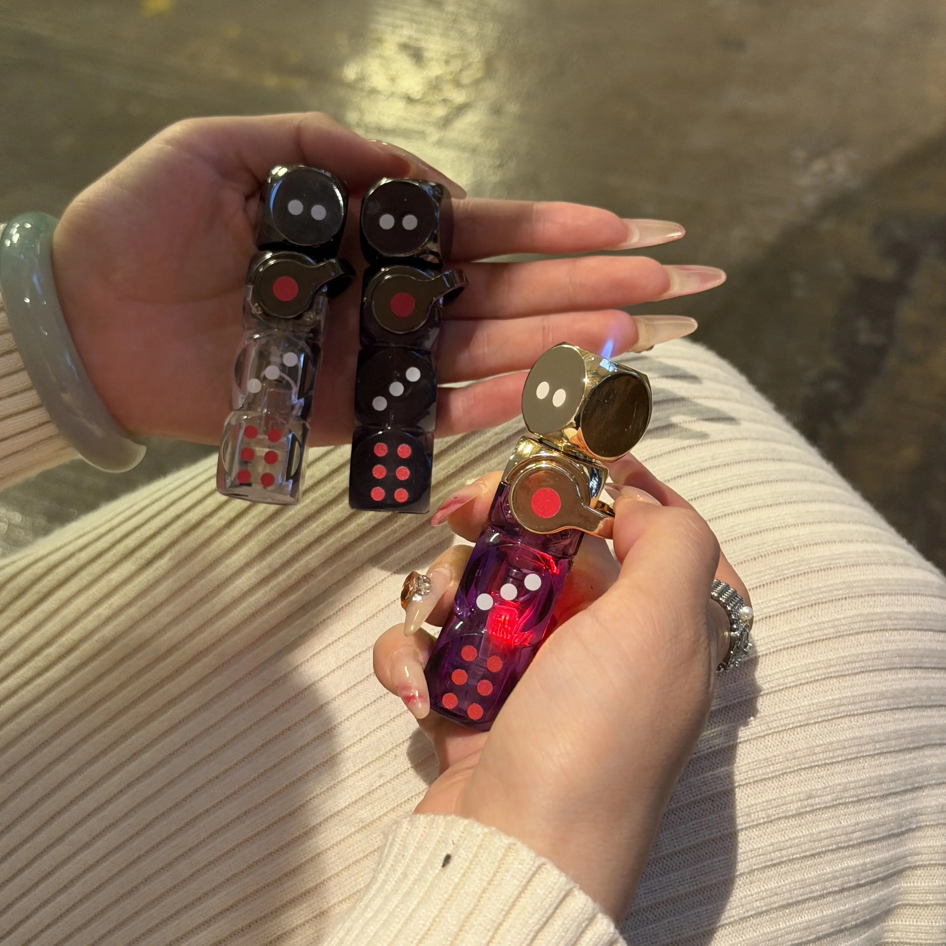 Novelty Rotating Windproof Dice Lighter - Refillable Plastic Butane Torch Lighter with Adjustable Flame, Cute Portable Lighter Accessories for Backyard BBQ, Charcoal Grilling, Stress Relief, Relaxation (with DIY Stickers)