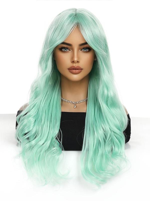 26 Inch Mint Green Long Curly Wigs for Women, Gorgeous Fluffy Wigs with Blunt Bangs, Synthetic Full Machine Wigs for Party, Daily Use