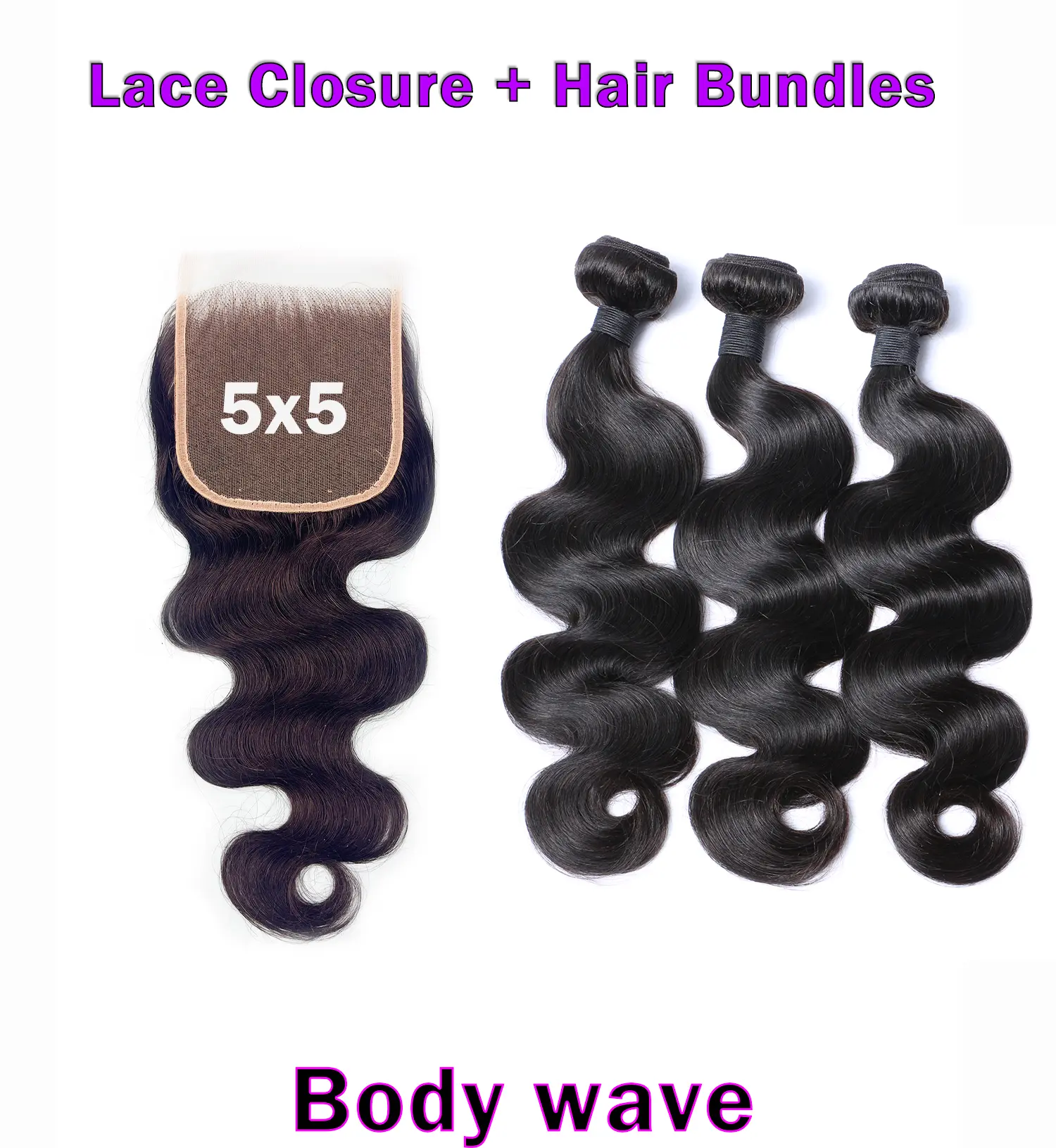 5x5 HD Lace Closure & 3 Bundles of Brazilian Body Wave Hair Extensions - 100% Virgin Human Hair, Natural Black, Full Density, Heat-Safe, Bleach/Dye Friendly