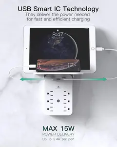 Wall Outlet Extender with Surge Protector, 6 AC Outlets, Shelf, 2 USB & USB C Charging Ports - Home & Dorm Plug Expander