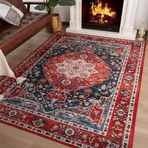 Red Vintage Distressed Floral Print Area Rug Cachemere-Look Carpet Machine Washable, Non-Slip, Lint-Free Ideal for Living Rooms, Bedrooms, and Kitchens Protects Floors and Adds Decorative Appeal rugs living room, 4x6, 5x7, 6x9, 8x10, 9x12 Feet