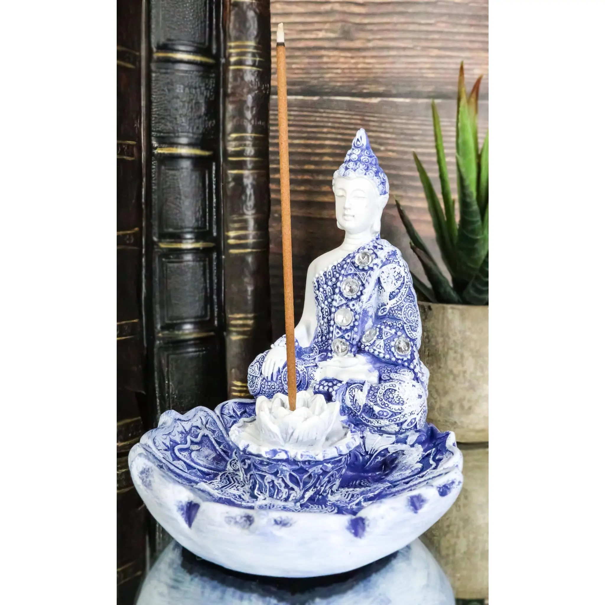 Ebros Gift Terracotta Blue and White Polyresin Bhumisparsha Mudra Amitabha Buddha Meditation Figurine, Hand-Crafted Padma Lotus Flower Incense Holder Burner, 4.25" High Religious Buddhist Eastern Enlightenment Home Decor