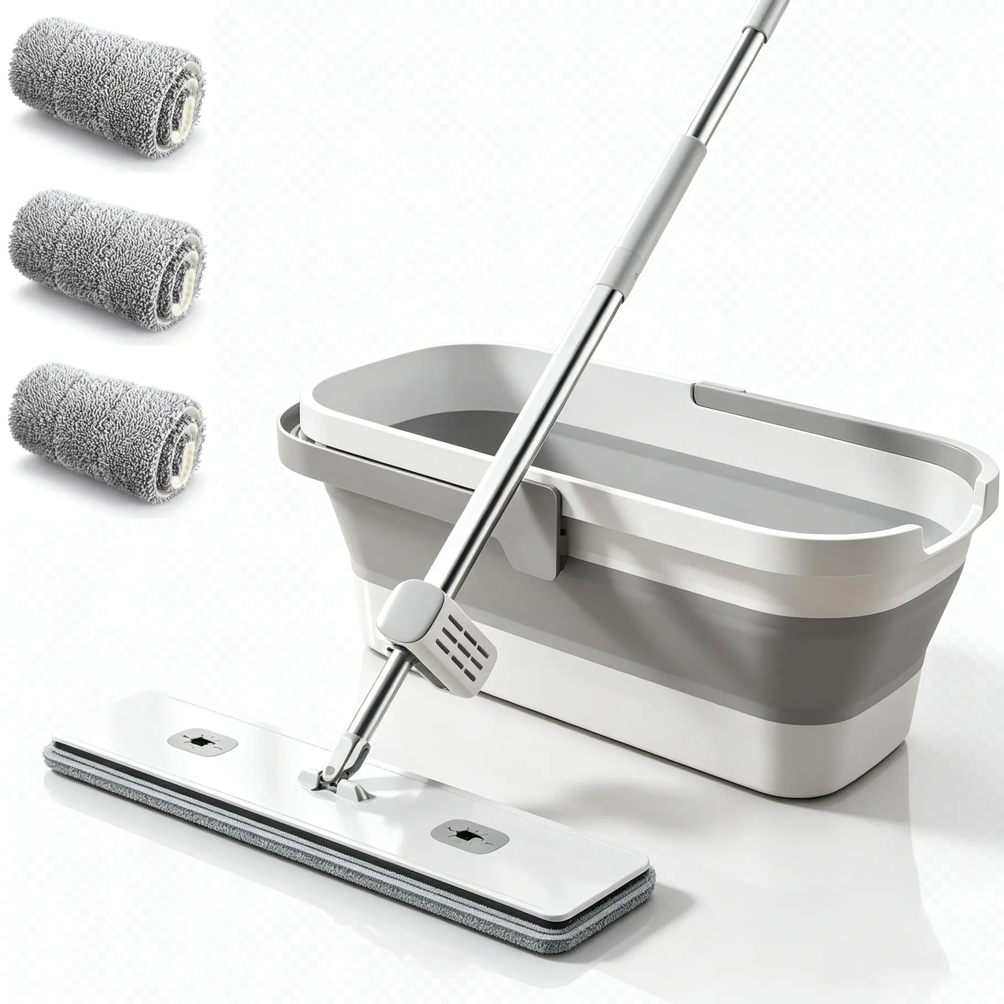 Foldable Bucket Hands Free Microfiber Mop with 3 Washable Pads 61" Stainless Steel Handle, Efficient Flat Mop, For All Hard Floors
