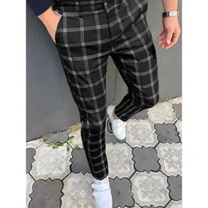 Men’s plaid print slim-fit suit trousers, straight-leg office business trousers, all-season men’s clothing, men’s clothing