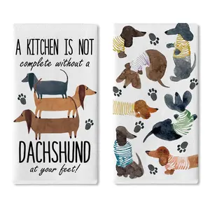 Watercolor Dachshund Dog Kitchen Dish Towels Set of 2, Weiner Dog Funny Quotes Paw Prints Drying Hand Towel Baking Cooking Cloth, Bathroom Home Decoration Pet Owner Lover Gifts 18'' x 26''