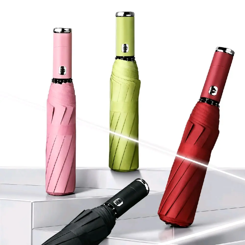 Automatic Folding LED Flashlight Nylon Outdoor Umbrella with 180° Rotating Metal Handle - Windproof, Waterproof, Anti-UV, Lightweight, Compact, Durable, Portable, Comfortable, Black with Stylish Cover, Travel Everyday Gear