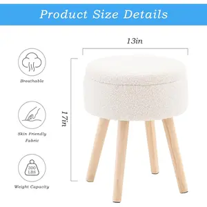 Mxfurhawa Ottoman Teddy Velvet Footrest Stool with Storage Upholstered Vanity Stool Chair with Wood Legs Accent Small Table Plant Stand for Living Room Bathroom